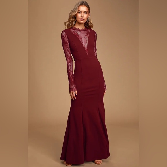 š·Lulus Lovely Ever After Burgundy Lace Long Sleeve Mermaid Maxi Dress, S - Picture 2 of 8
